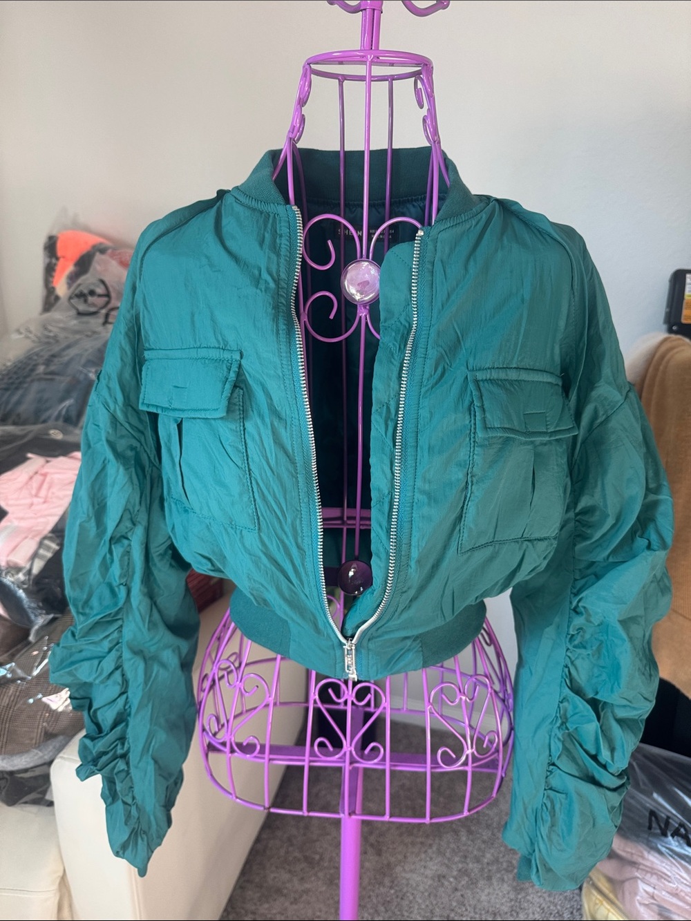 Shein Women's Teal Crop Bomber Jacket with Cargo Pockets - Picture 2 of 5